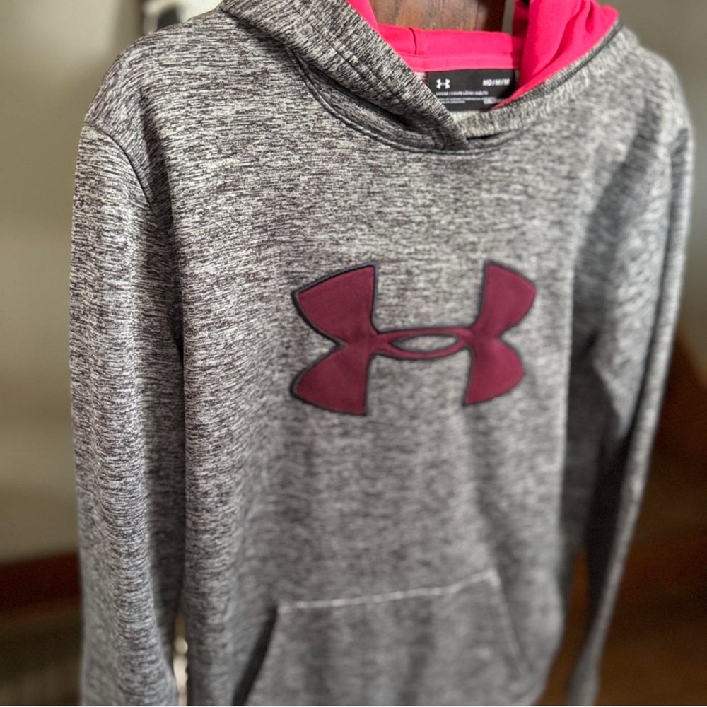 Under Armour Heather Gray Hoodie with Maroon Logo, Hot pink hood.